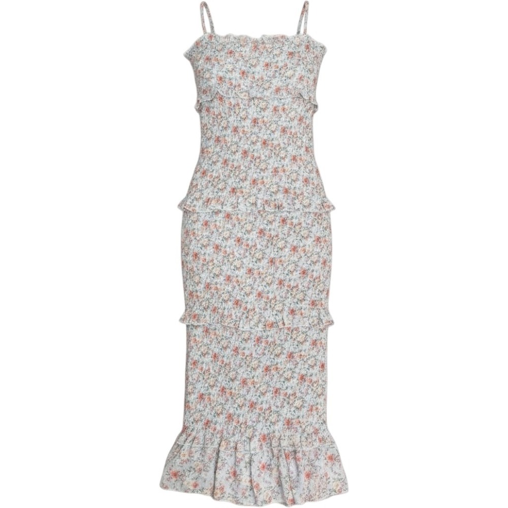Mable Floral Ruffle Midi Dress Women's Large Stretch Tiered Boho Cottagecore